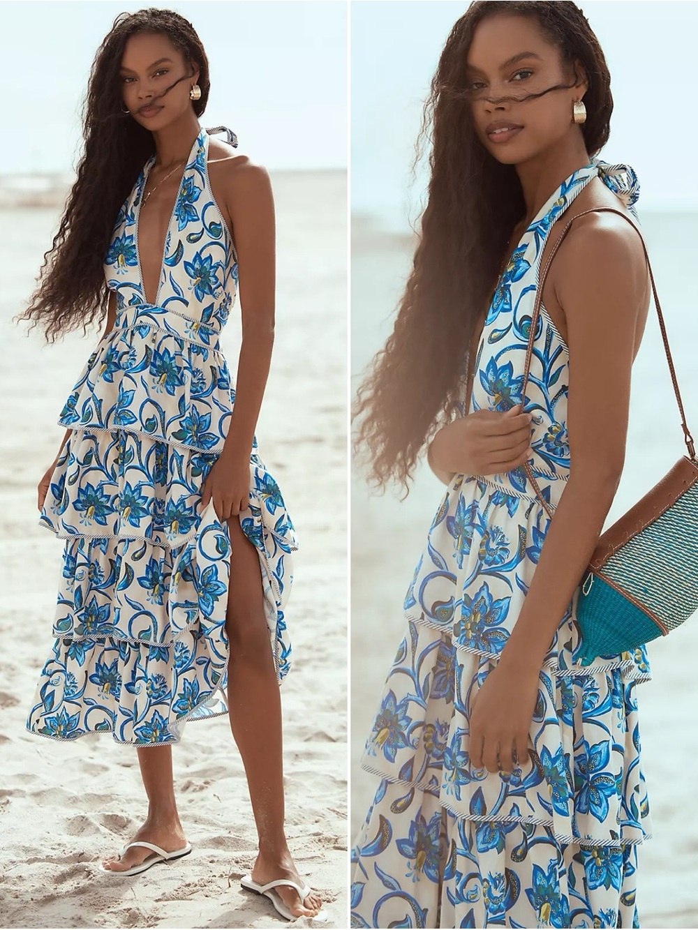 Hunter Bell Berkley Crisscross Halter Tiered Ruffle Midi Dress Size 2